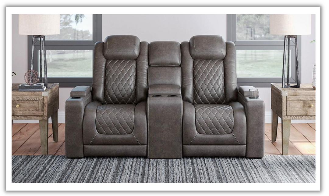 Modern Heritage HyllMont Gray Leather Power Reclining Loveseat with Console