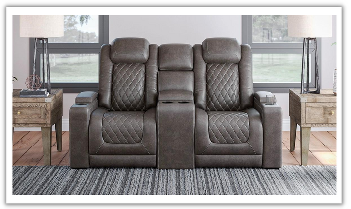 Modern Heritage HyllMont Gray Leather Power Reclining Loveseat with Console