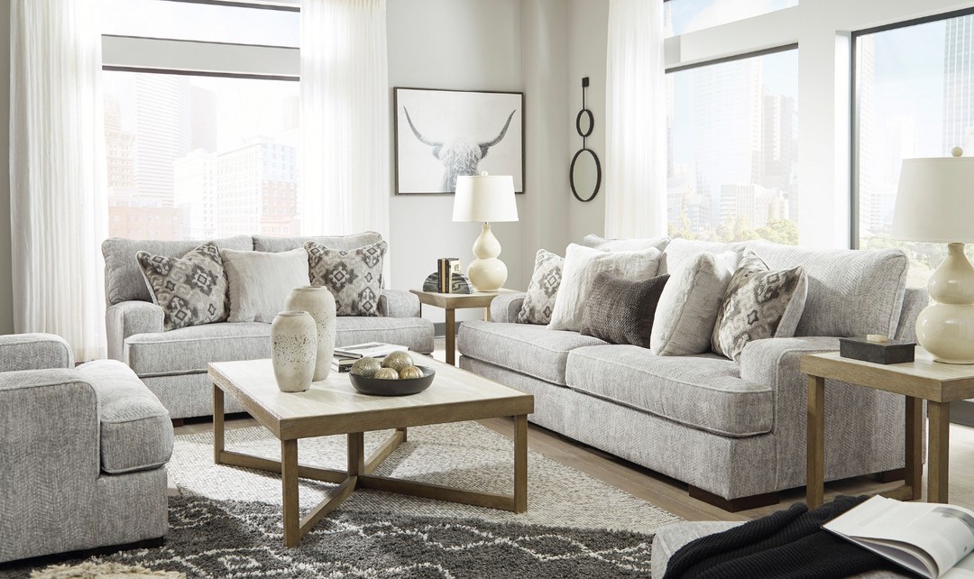 Modern Heritage Mercado Stationary Fabric Loveseat in Gray + 3 Toss Pillows
