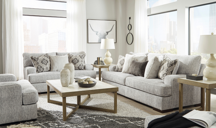 Modern Heritage Mercado Stationary Fabric Loveseat in Gray + 3 Toss Pillows