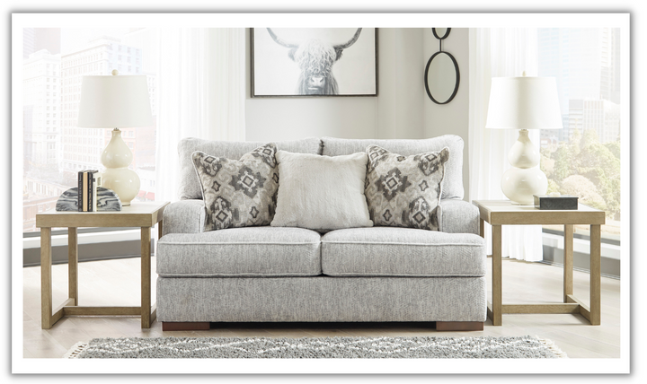 Modern Heritage Mercado Stationary Fabric Loveseat in Gray + 3 Toss Pillows