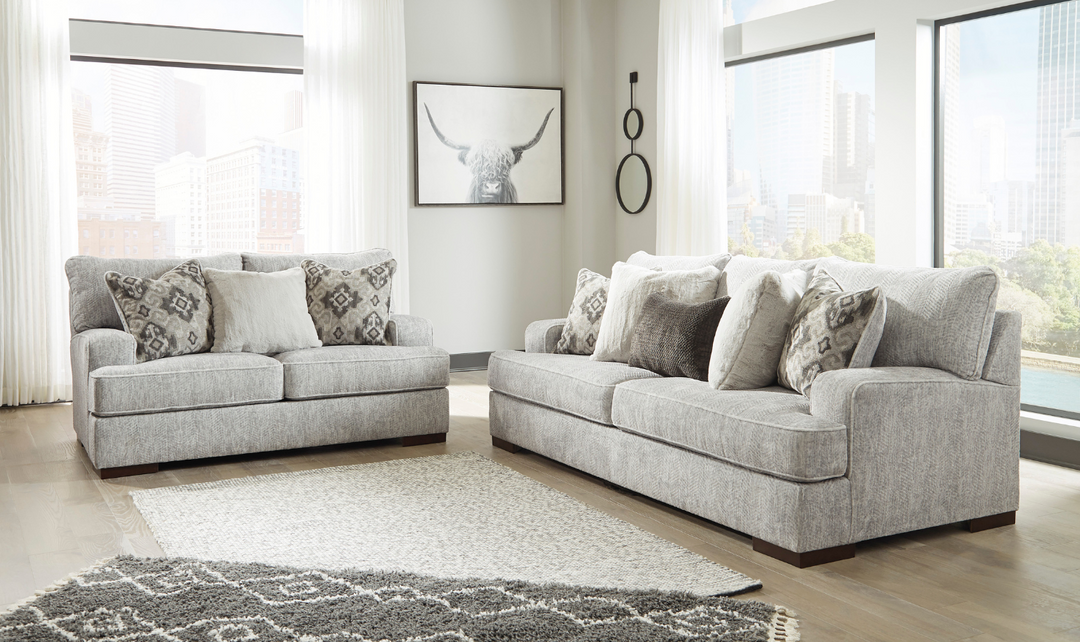 Modern Heritage Mercado Stationary Fabric Loveseat in Gray + 3 Toss Pillows