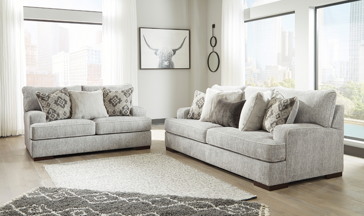Modern Heritage Mercado Stationary Fabric Loveseat in Gray + 3 Toss Pillows