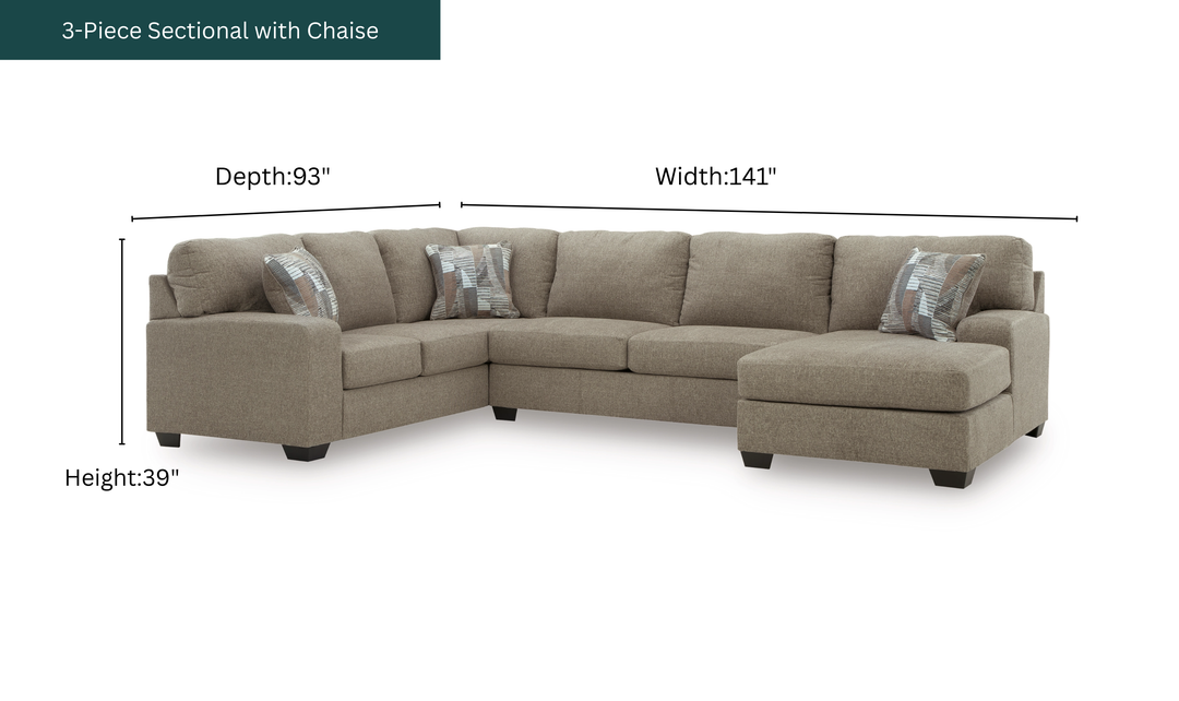 Modern Heritage Newellen Fabric 3-Piece Sectional With Chaise-Jennifer Furniture