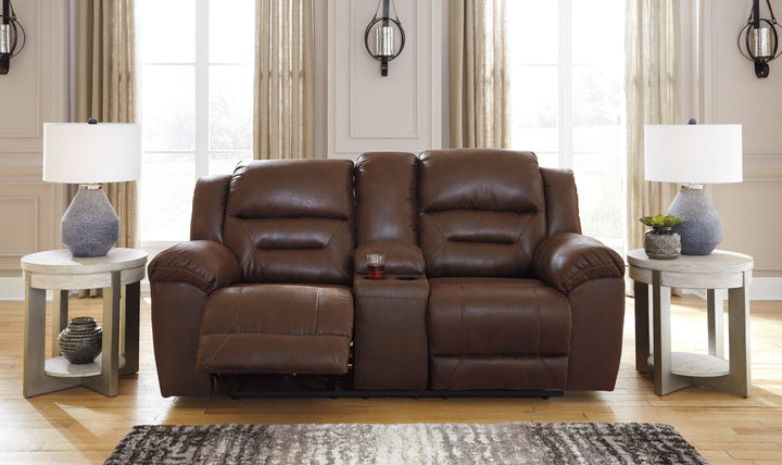 Modern Heritage Stoneland Power Reclining Leather Loveseat With Console-Jennifer Furniture