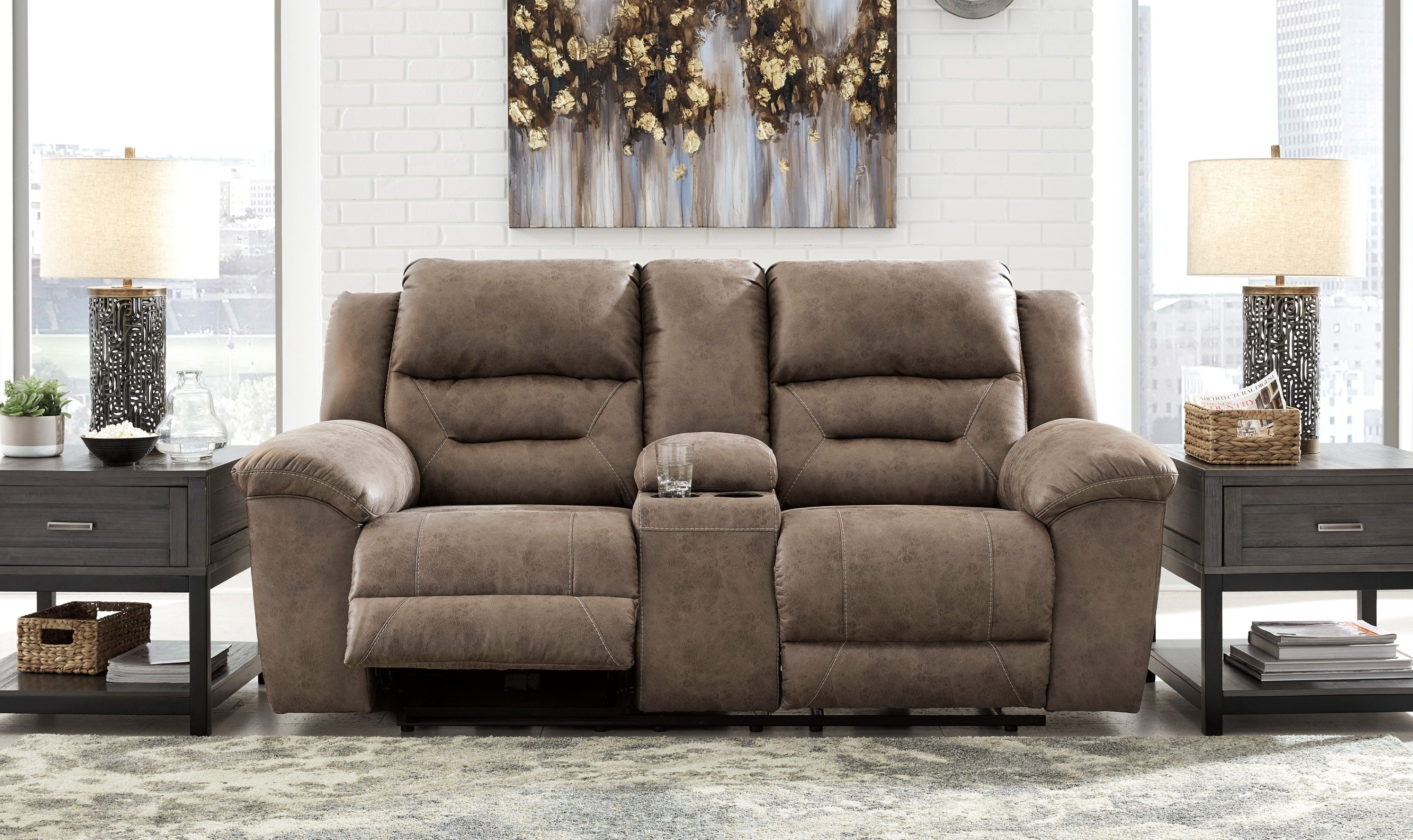 Modern Heritage Stoneland Power Reclining Leather Loveseat With Console-Jennifer Furniture