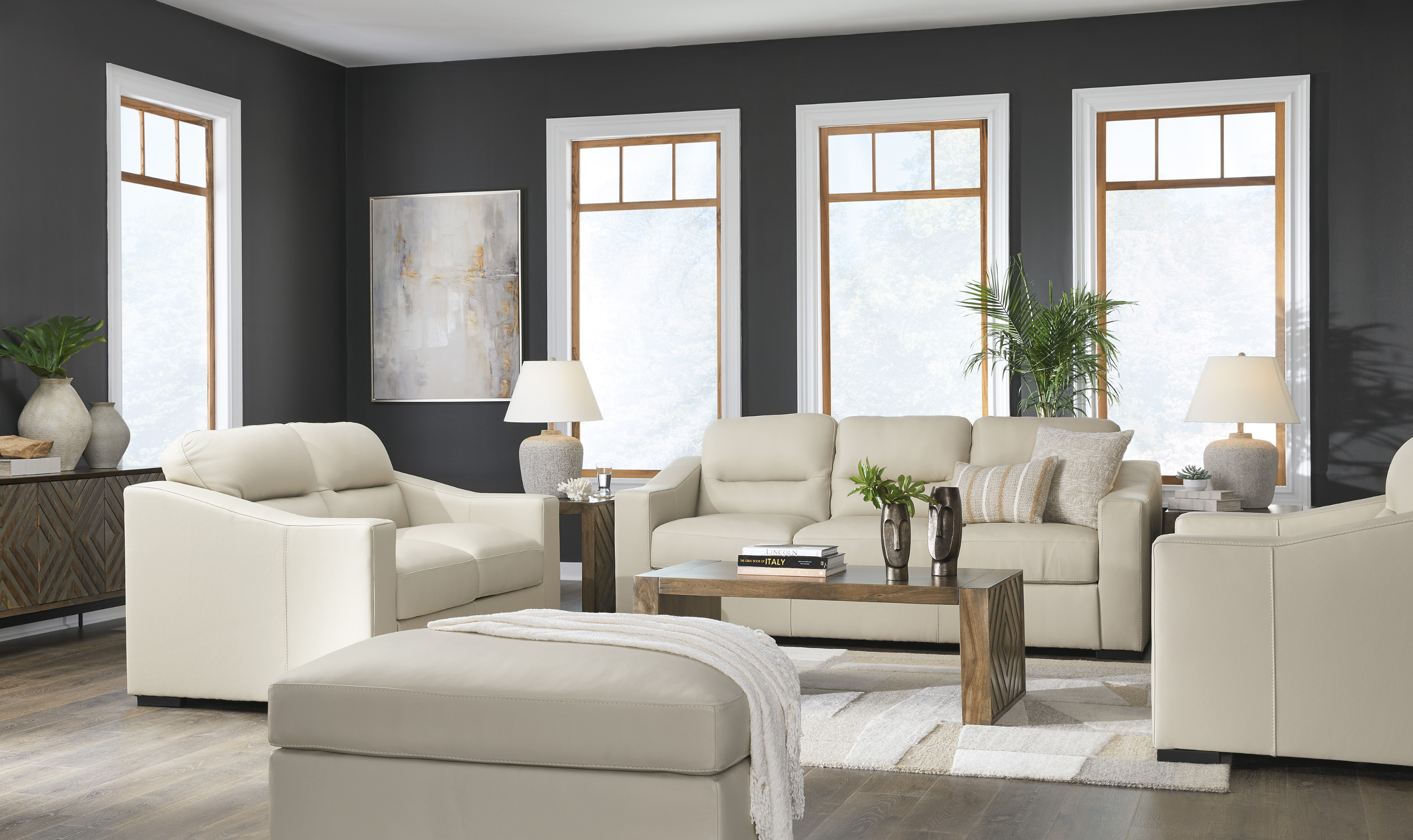 Modern Heritage Treasure Trove Leather Living Room Set in Almond - Jennifer Furniture