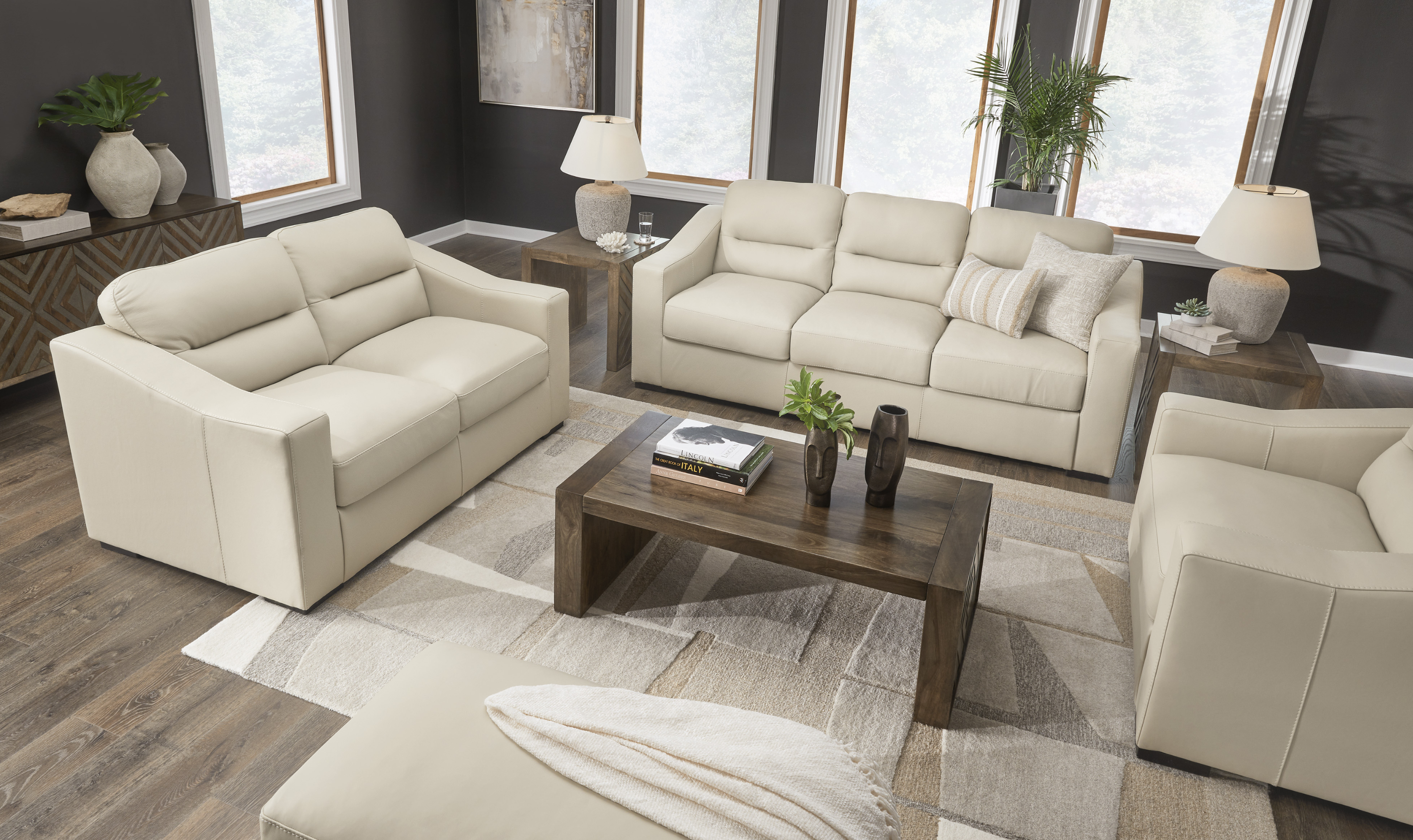 Modern Heritage Treasure Trove Leather Living Room Set in Almond - Jennifer Furniture