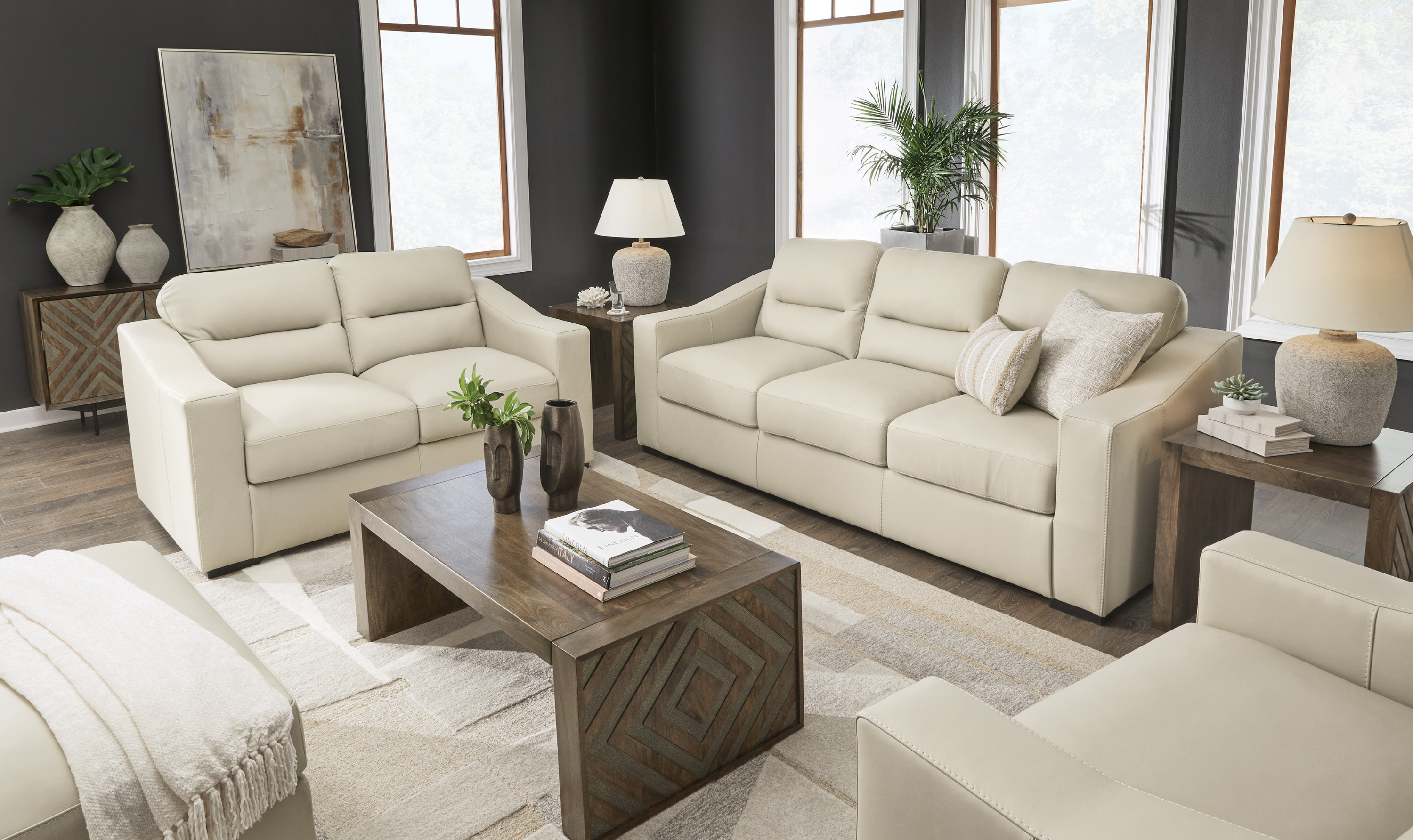 Modern Heritage Treasure Trove Leather Living Room Set in Almond - Jennifer Furniture