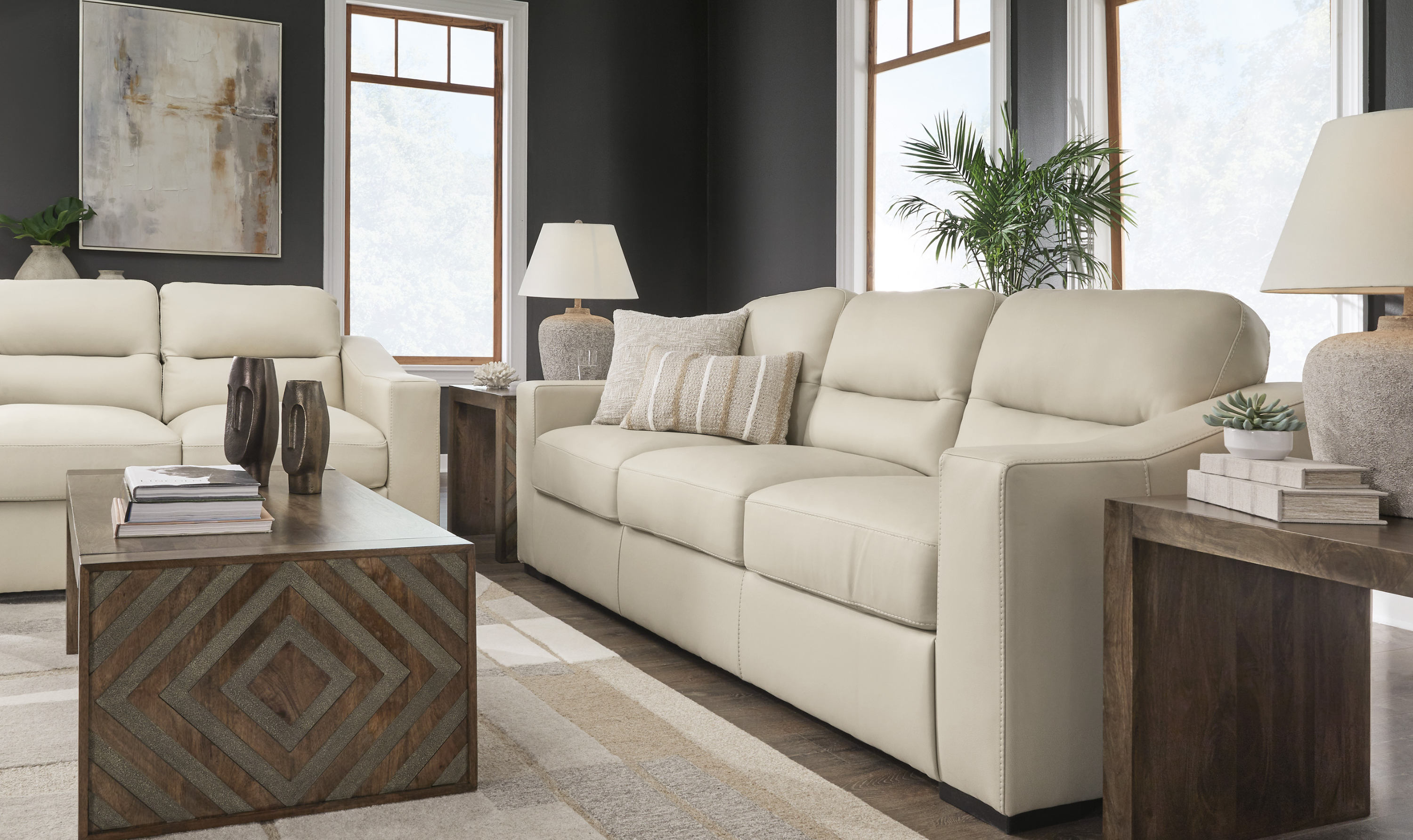 Modern Heritage Treasure Trove Leather Living Room Set in Almond
