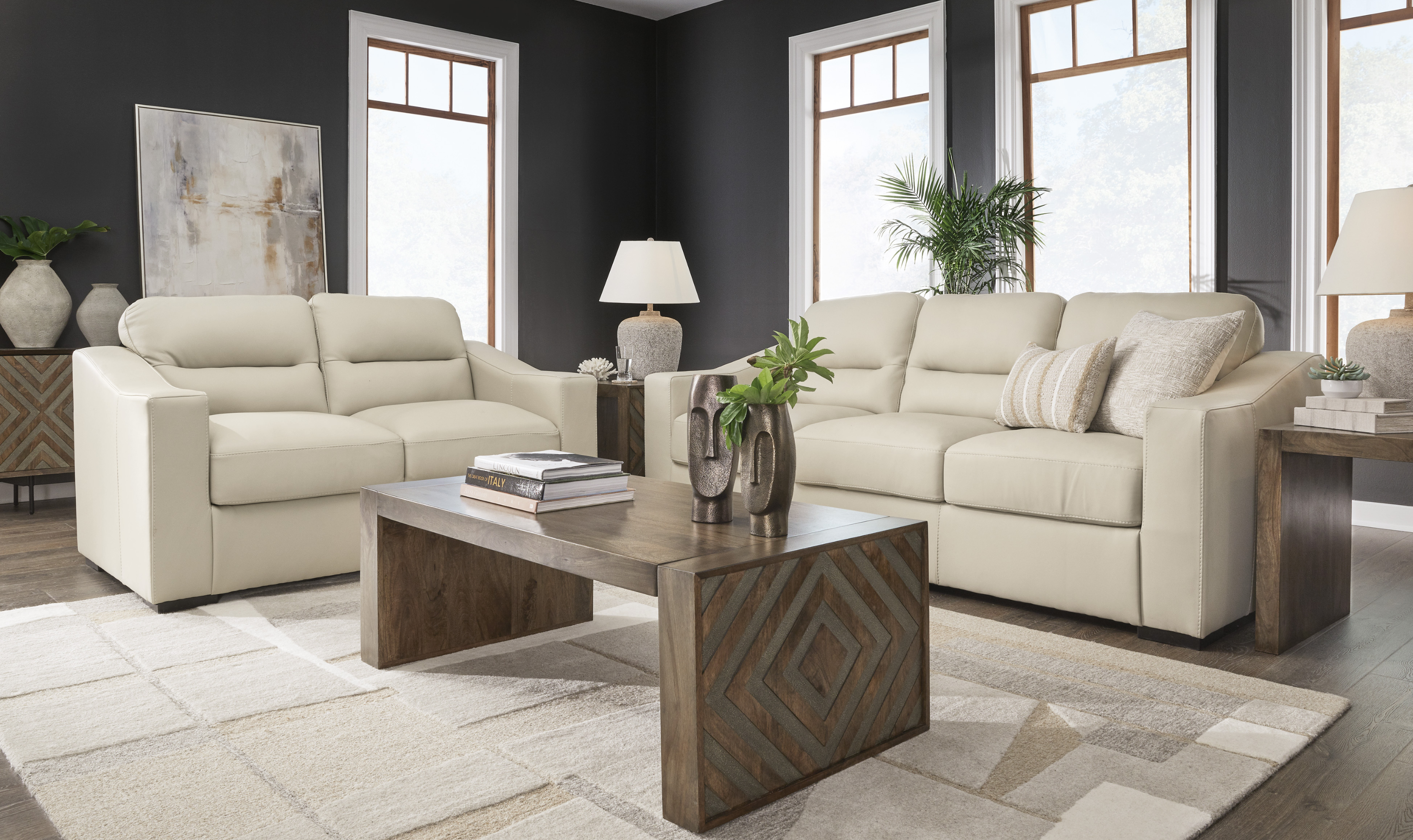 Modern Heritage Treasure Trove Leather Living Room Set in Almond - Jennifer Furniture