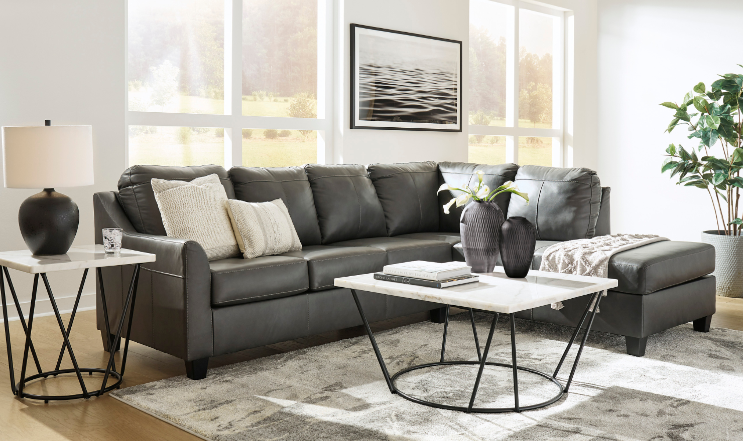 Modern Heritage Valderno L-shaped Leather Sectional Sofa in Dark Gray