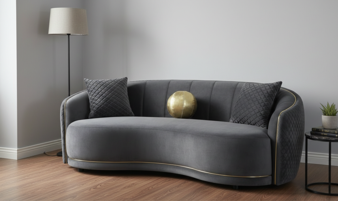 Modern Heritage Brookside Velvet Curved 3-Seater Sofa With Gold Trim-Dark Grey-jennifer