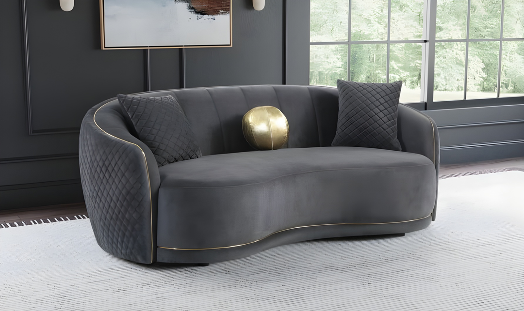 Modern Heritage Brookside Velvet Curved 3-Seater Sofa With Gold Trim-Dark Grey-jennifer