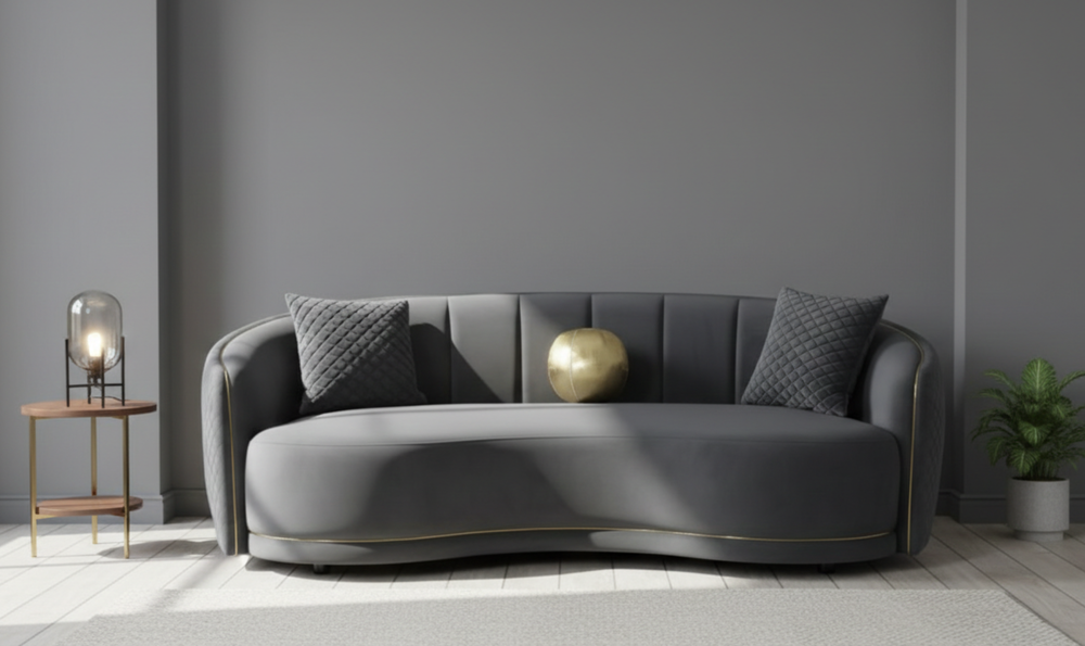 Modern Heritage Brookside Velvet Curved 3-Seater Sofa With Gold Trim-Dark Grey-jennifer