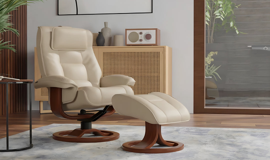 Mustang R Leather Swivel Manual Recliner Chair with Footstool -Jennifer Furniture