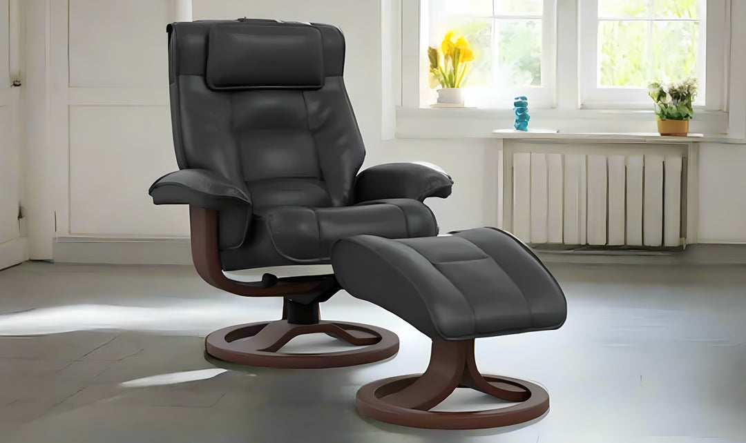 Mustang R Leather Swivel Manual Recliner Chair with Footstool -Jennifer Furniture
