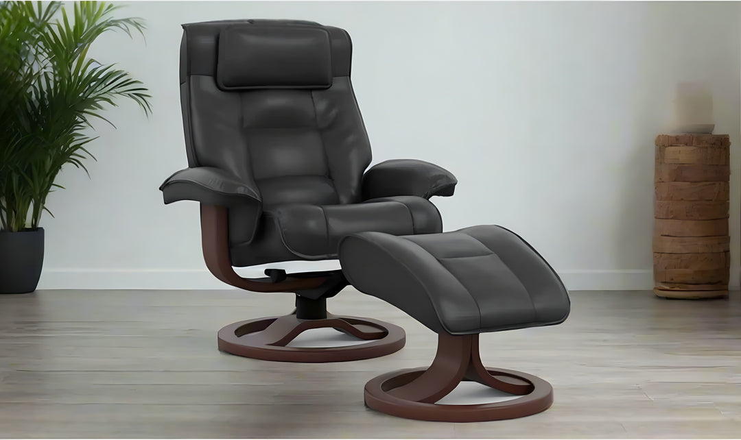 Mustang R Leather Swivel Manual Recliner Chair with Footstool -Jennifer Furniture