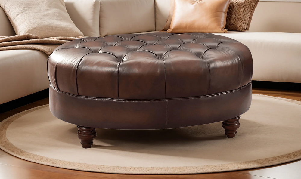 Newport Leather Ottoman With Wooden Legs-Jennifer Furniture