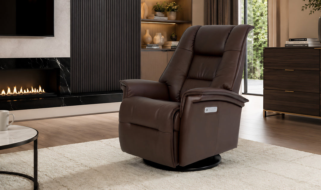 Fjords Paris Leather Power Recliner Chair with Swivel Base & Power Headrest