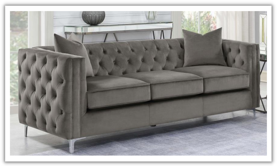 Coaster Phoebe 3-Seater Fabric Tufted Tuxedo Arms Sofa in Brown