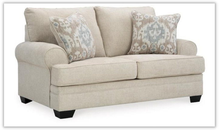 Rilynn Beige Fabric Loveseat with Rolled Cushion Arms