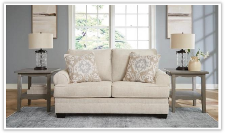 Rilynn Beige Fabric Loveseat with Rolled Cushion Arms
