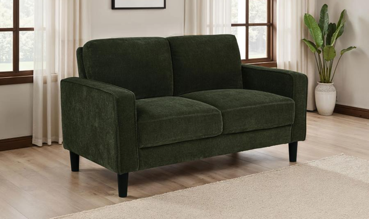 Modern Heritage Ruth Loveseat With Track Arm In Fabric and Leather