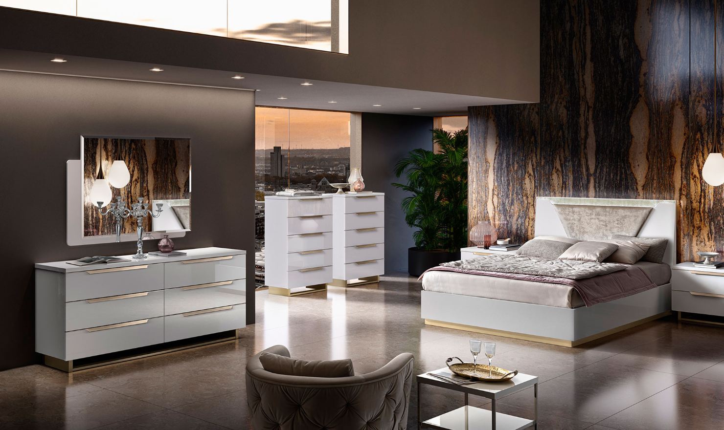 ESF Italia Smart Wooden Bedroom Set (Queen/King Bed + 2 Nightstands + Double Dresser + Mirror)