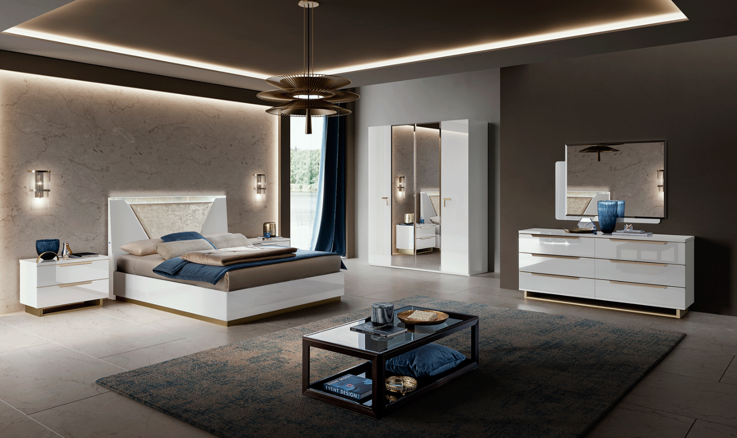 ESF Italia Smart Wooden Bedroom Set (Queen/King Bed + 2 Nightstands + Double Dresser + Mirror)