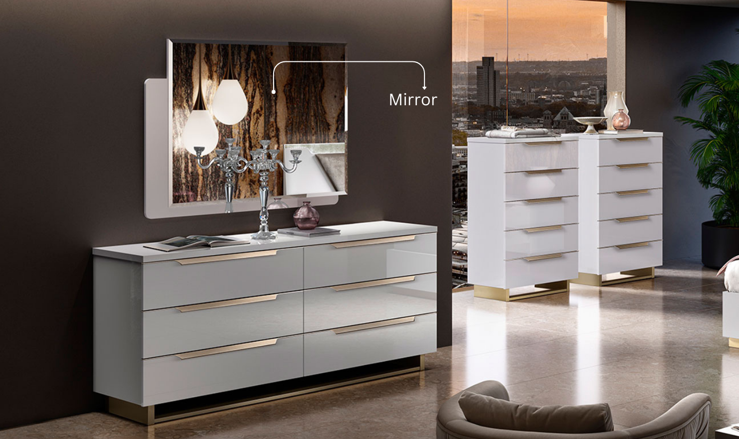 ESF Italia Smart Wooden Bedroom Set (Queen/King Bed + 2 Nightstands + Double Dresser + Mirror)