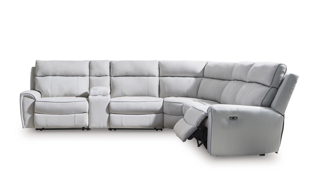 Modern Heritage Social Pointe 6-Piece Reclining Sectional with Storage Console - Jennifer Furniture
