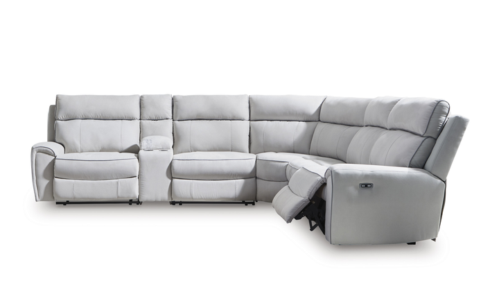 Modern Heritage Social Pointe 6-Piece Reclining Sectional with Storage Console - Jennifer Furniture