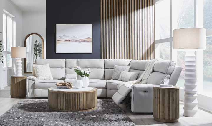Modern Heritage Social Pointe 6-Piece Reclining Sectional with Storage Console - Jennifer Furniture