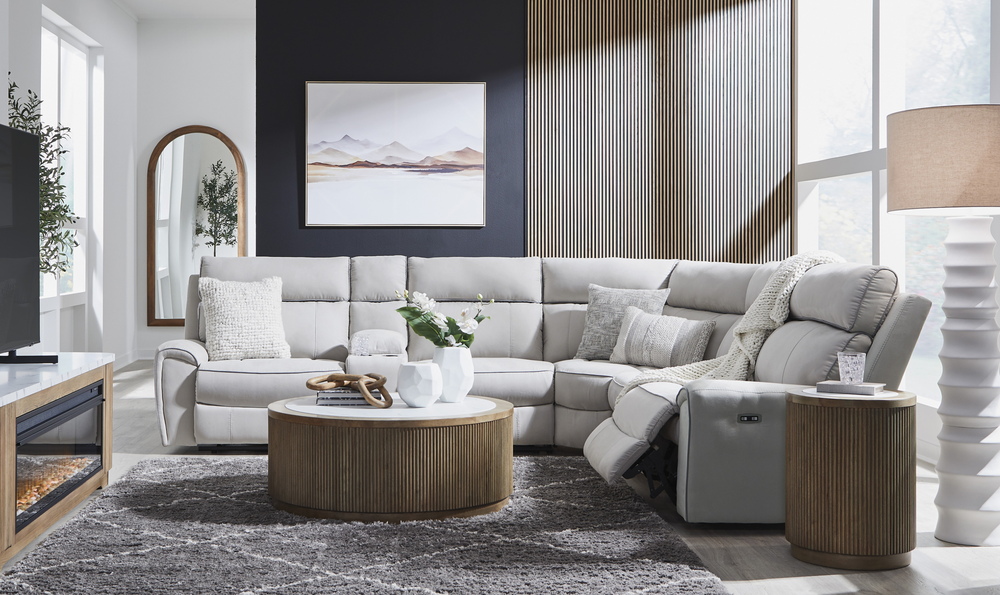 Modern Heritage Social Pointe 6-Piece Reclining Sectional with Storage Console - Jennifer Furniture