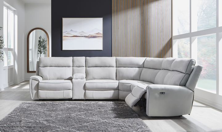 Modern Heritage Social Pointe 6-Piece Reclining Sectional with Storage Console - Jennifer Furniture