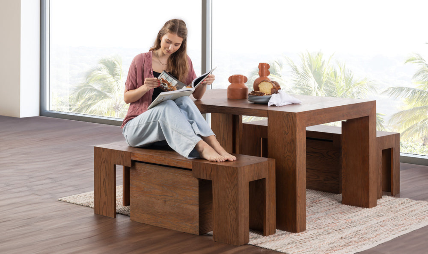 Transformer Table Gathering Extendable Rectangular Dining Table Set (Table + 2 Bench)