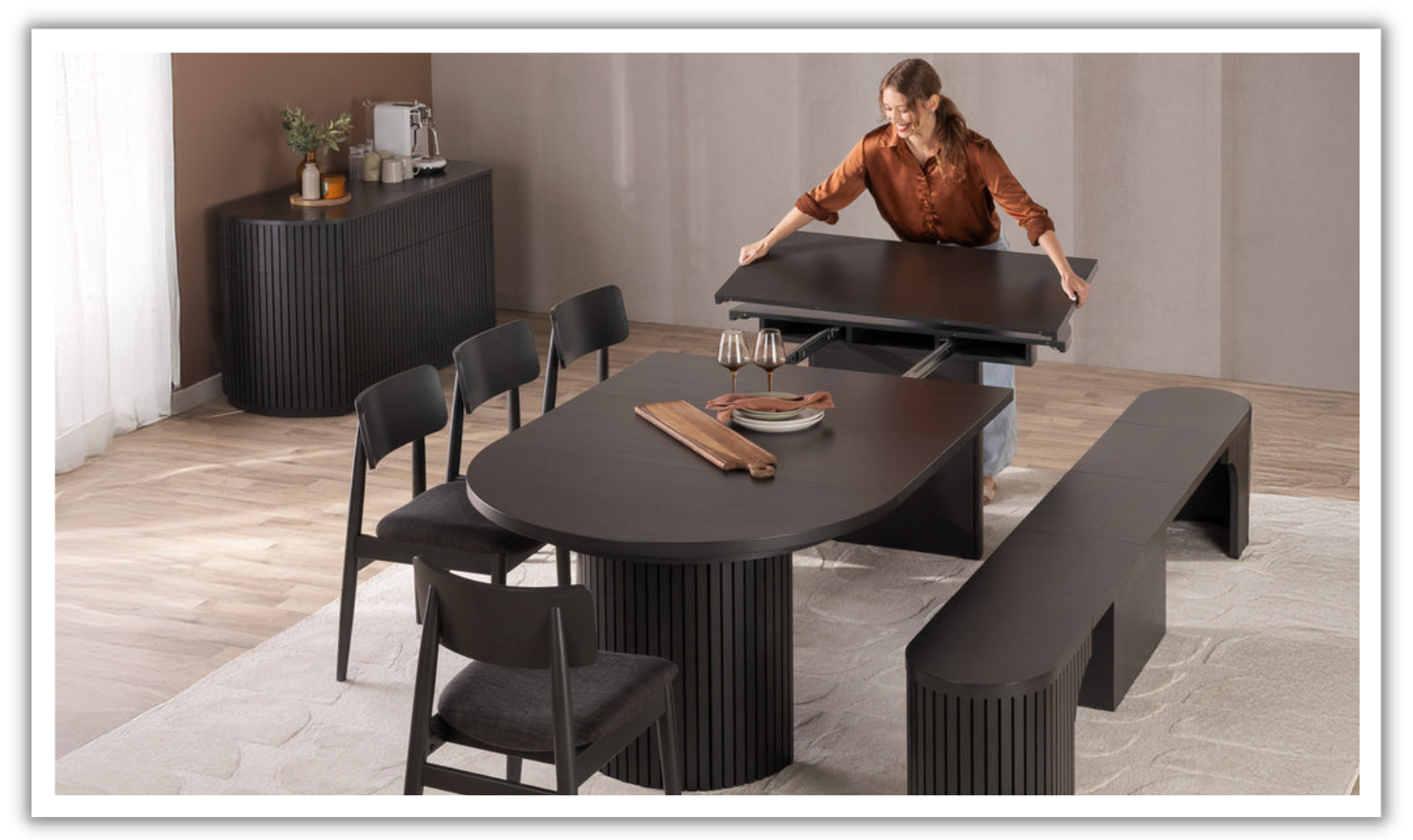 Transformer Table Host Extendable Round Dining Set (Table + 4 Chairs + Bench)
