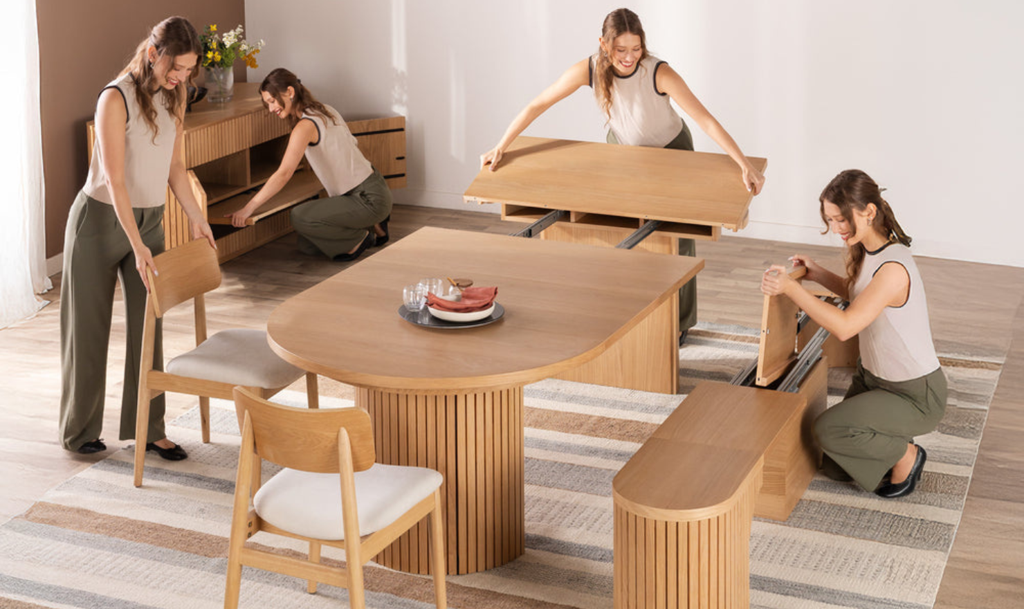 Transformer Table Practical Extendable Round Wooden Dining Table Set (Table + Bench)
