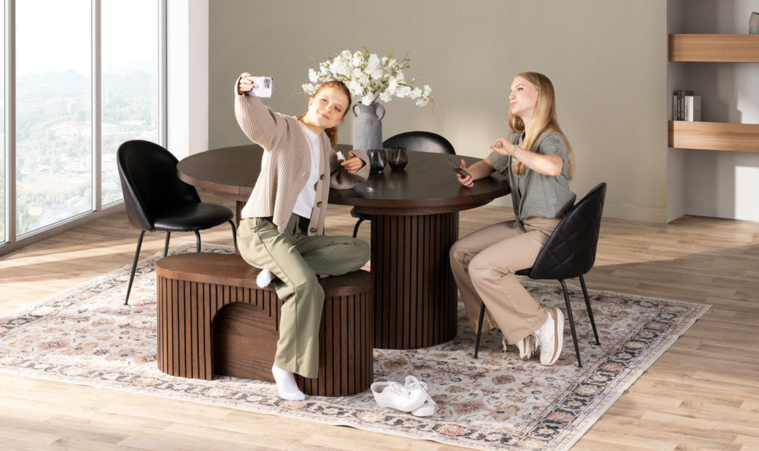 Transformer Table Practical Extendable Round Wooden Dining Table Set (Table + Bench)