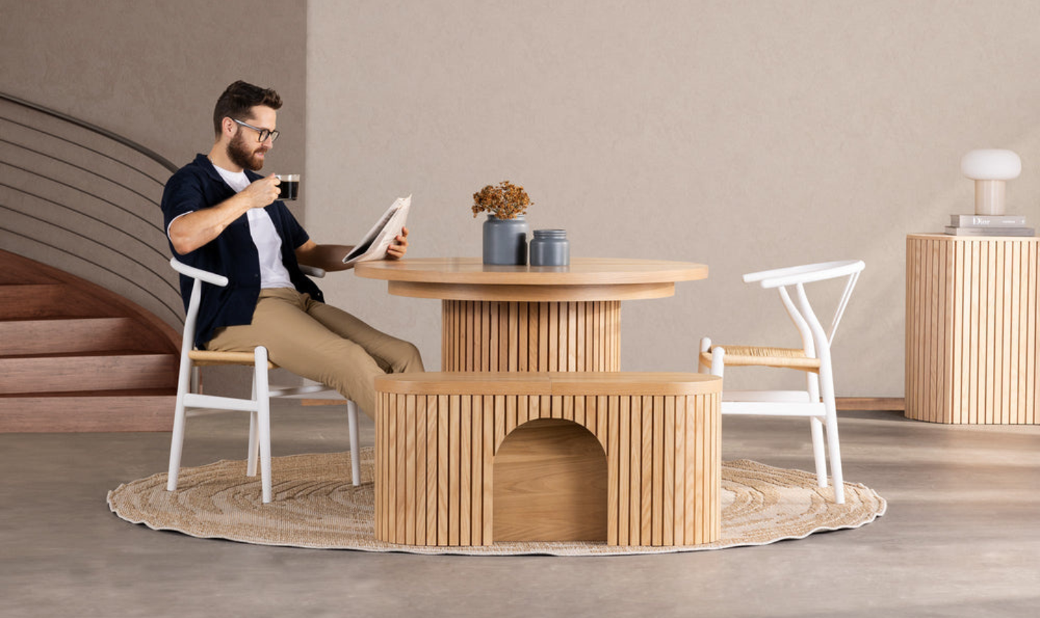 Transformer Table Practical Extendable Round Wooden Dining Table Set (Table + Bench)