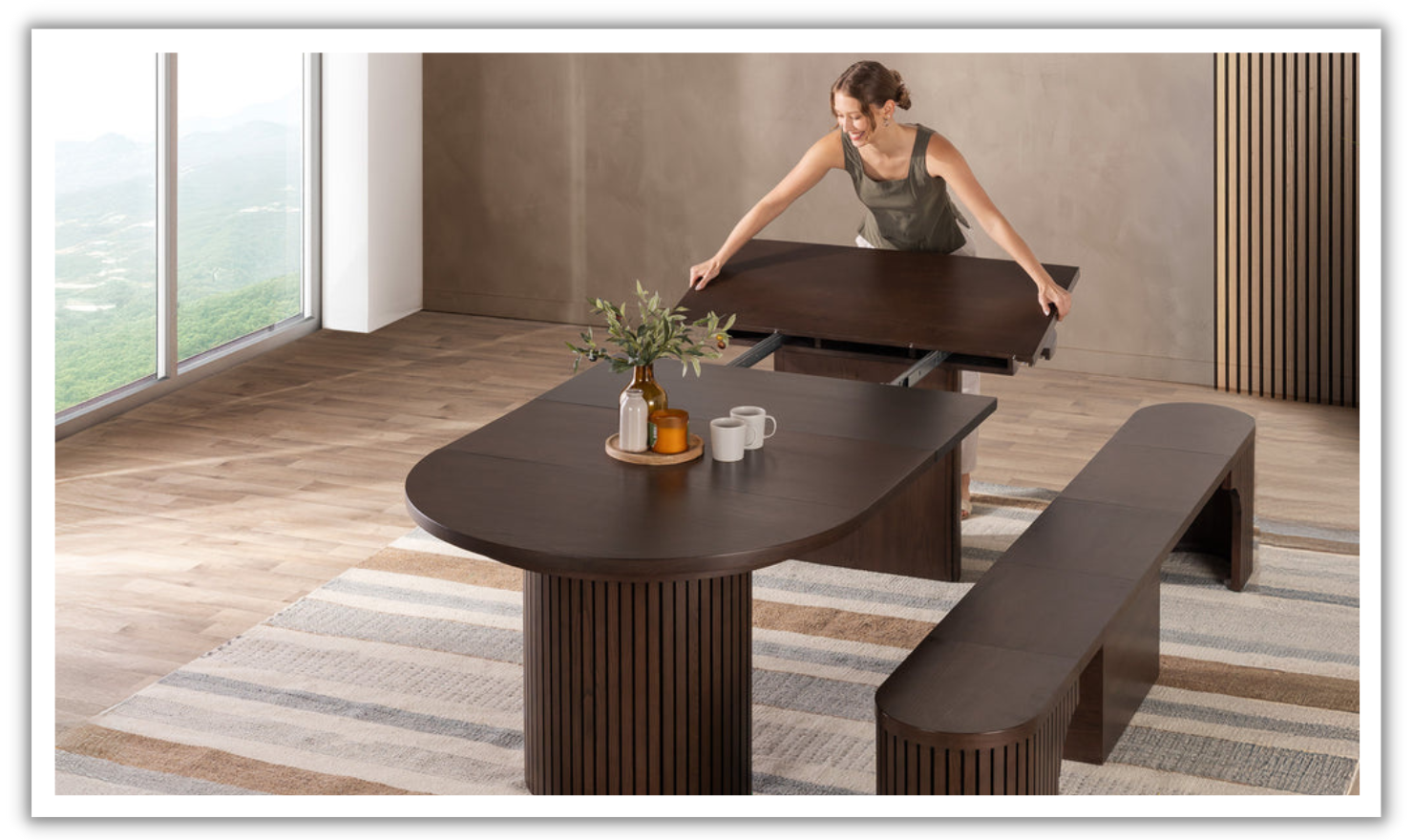 Transformer Table Practical Extendable Round Wooden Dining Table Set (Table + Bench)