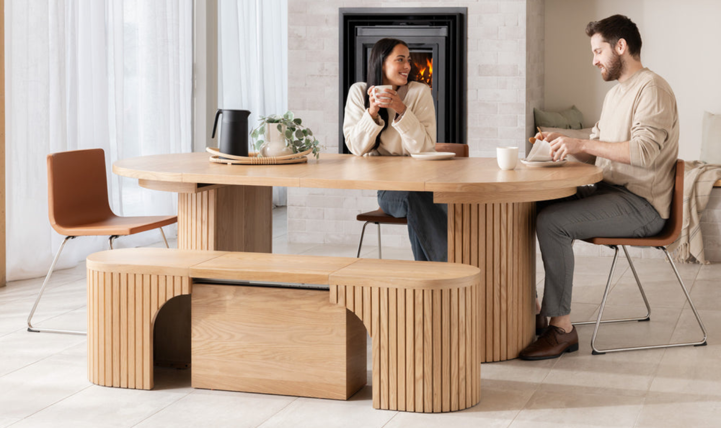 Transformer Table Practical Extendable Round Wooden Dining Table Set (Table + Bench)