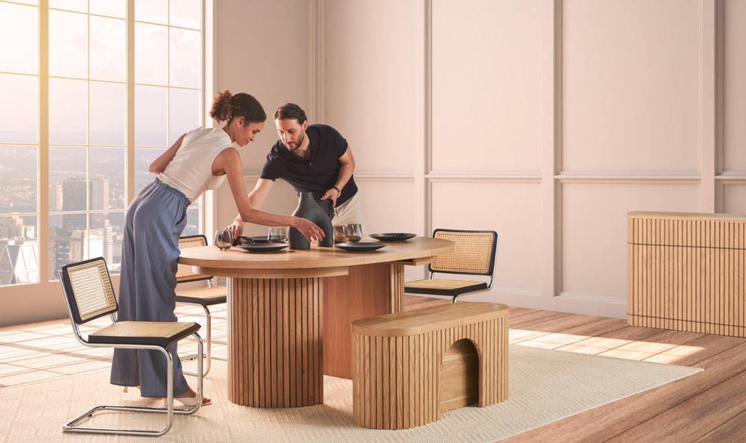 Transformer Table Practical Extendable Round Wooden Dining Table Set (Table + Bench)