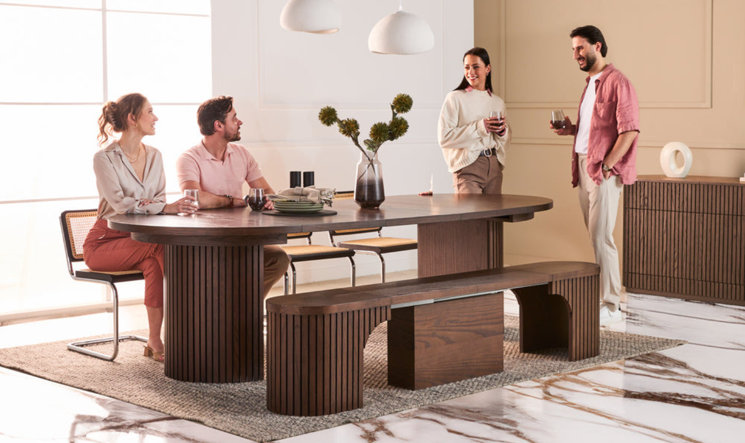 Transformer Table Practical Extendable Round Wooden Dining Table Set (Table + Bench)
