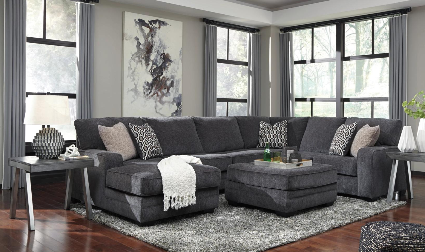 Modern Heritage Tracling 3 Piece Fabric Sectional With Chaise In Slate Jennifer Furniture