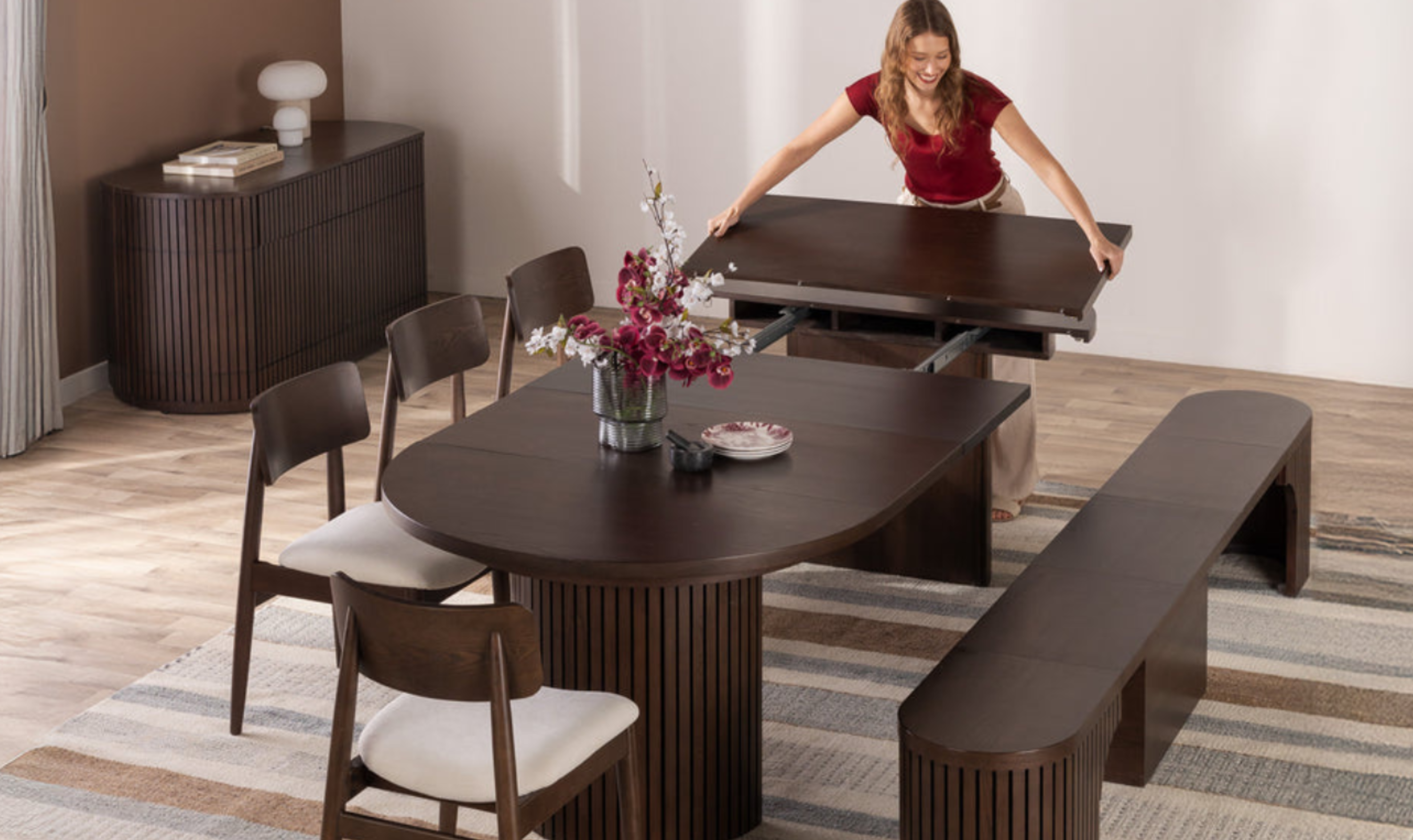 Transformer Table Host Extendable Round Dining Set (Table + 4 Chairs + Bench)