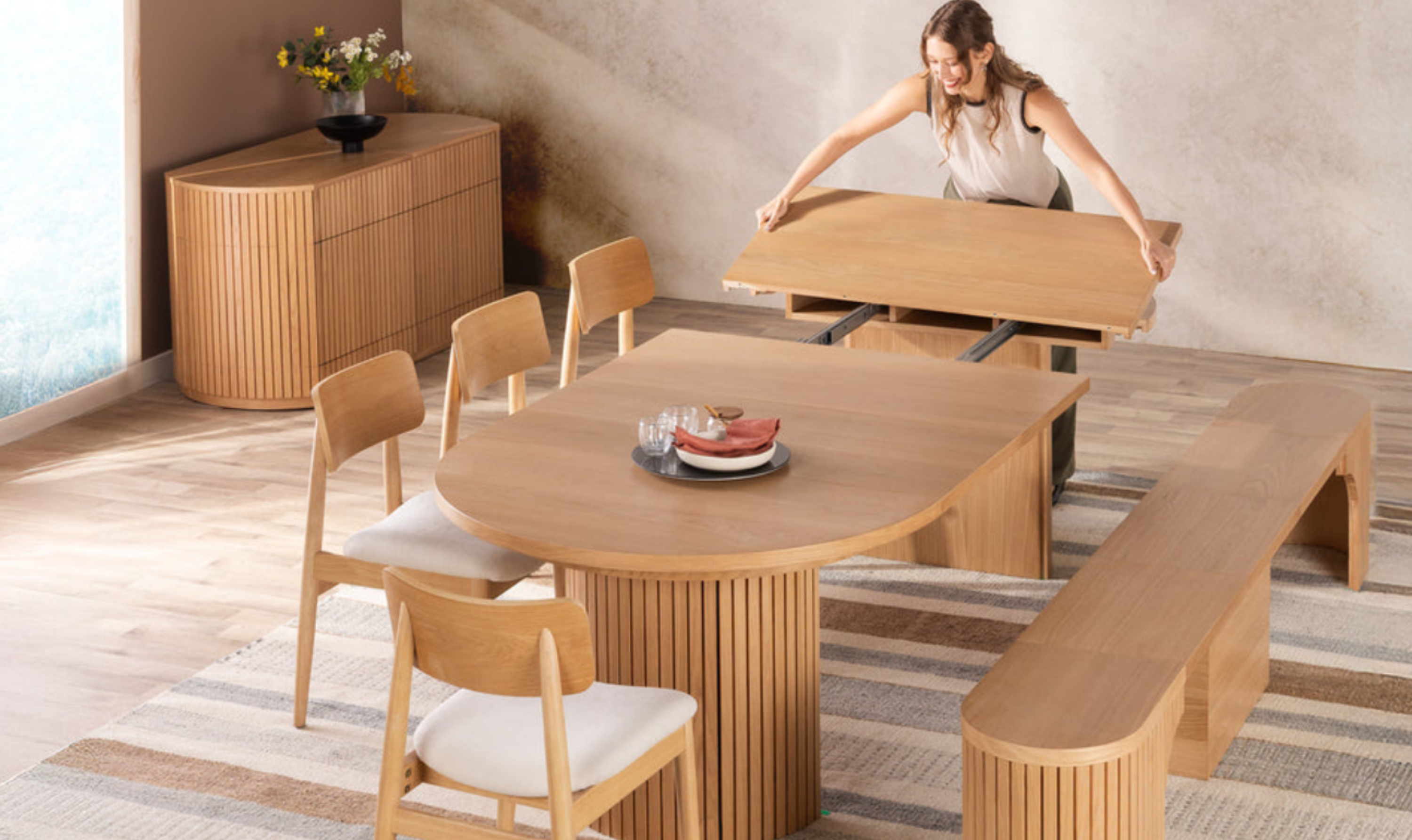 Transformer Table Host Extendable Round Dining Set (Table + 4 Chairs + Bench)