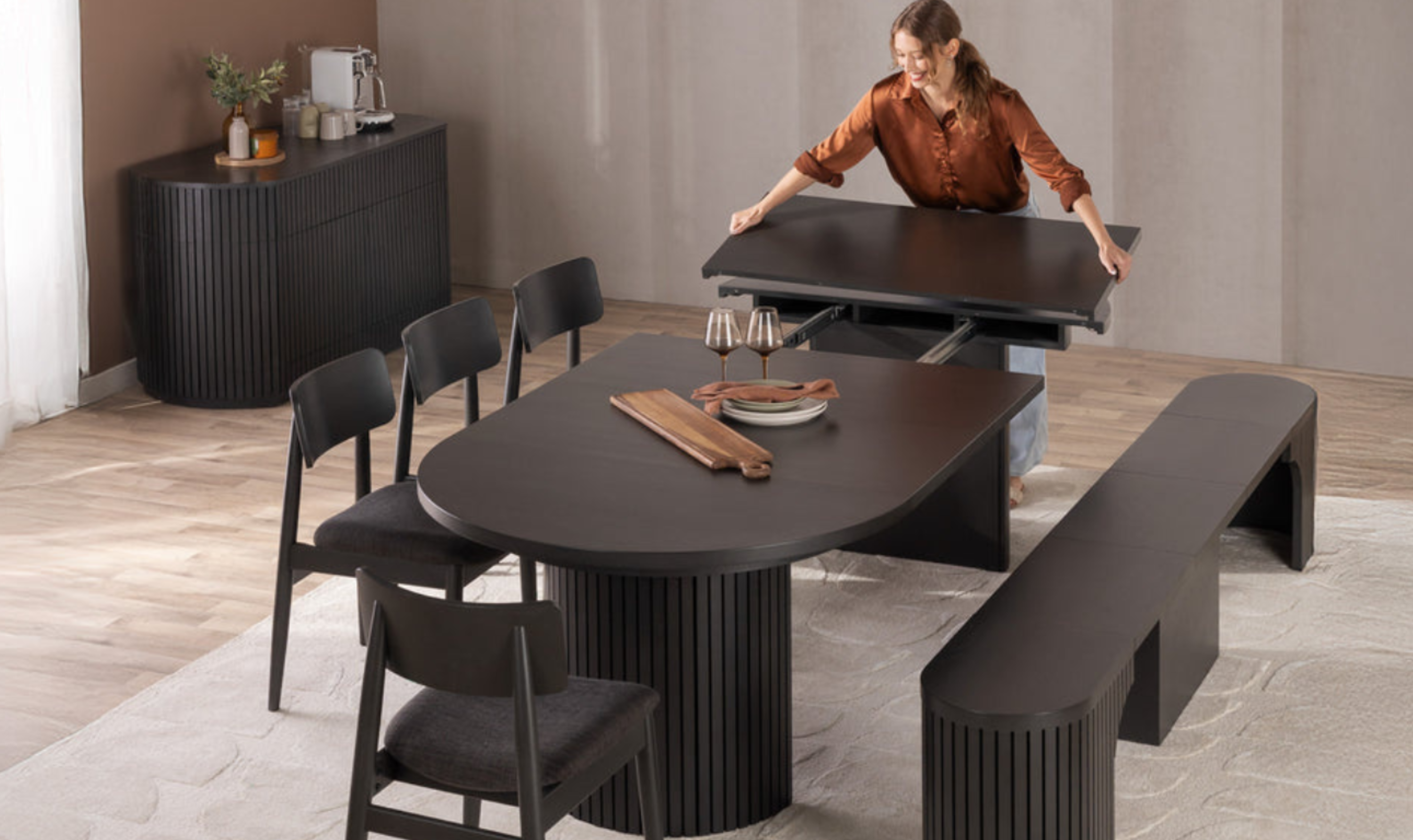 Transformer Table Host Extendable Round Dining Set (Table + 4 Chairs + Bench)