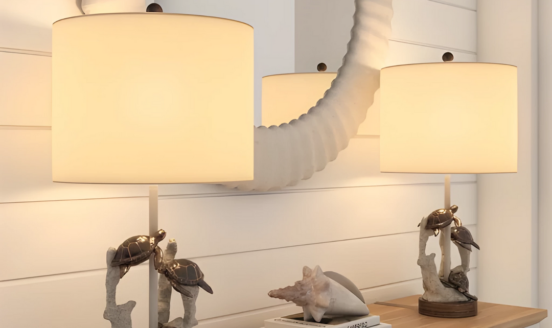 Turtles 27"H Table Lamp in Natural & Coral Poly & Linen (Set of 2)